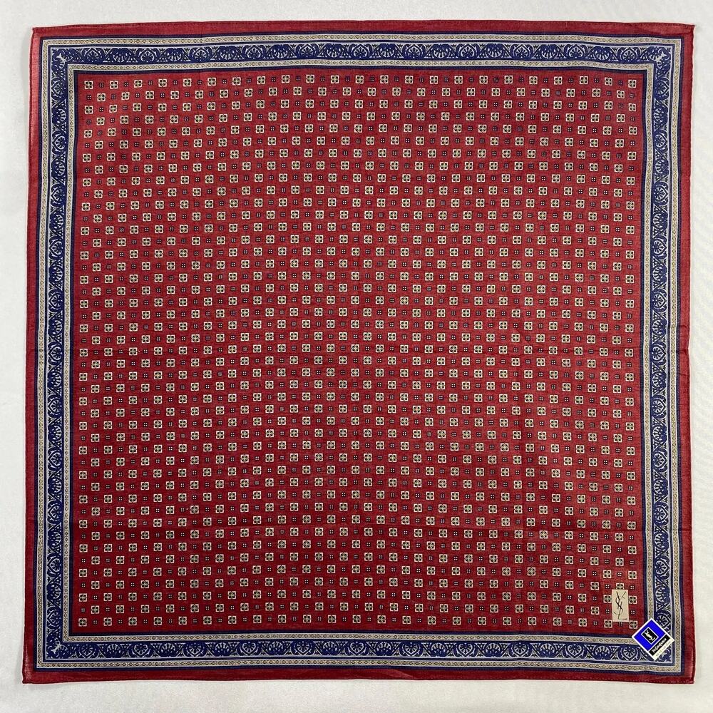 YVES SAINT LAURENT YSL Handkerchief Bandana Scarf Pocket Square Red Blue - Picture 4 of 5
